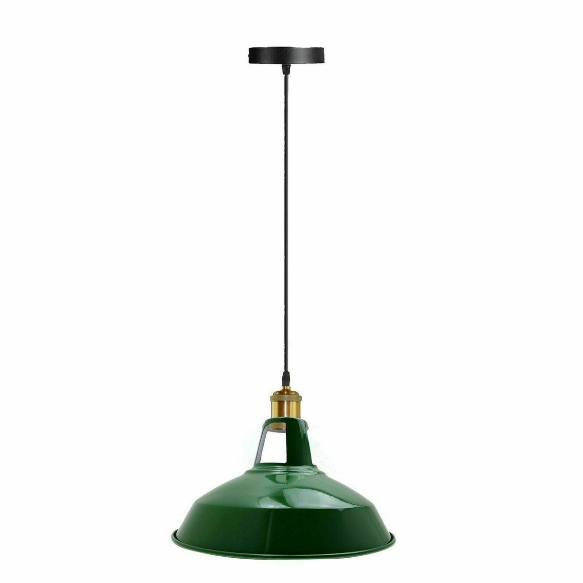 Industrial Pendant Light – Barn Slotted or Flat Cone Shade, E27 - Yellow Brass, Barn Slotted 30 cm Green, Without Bulb