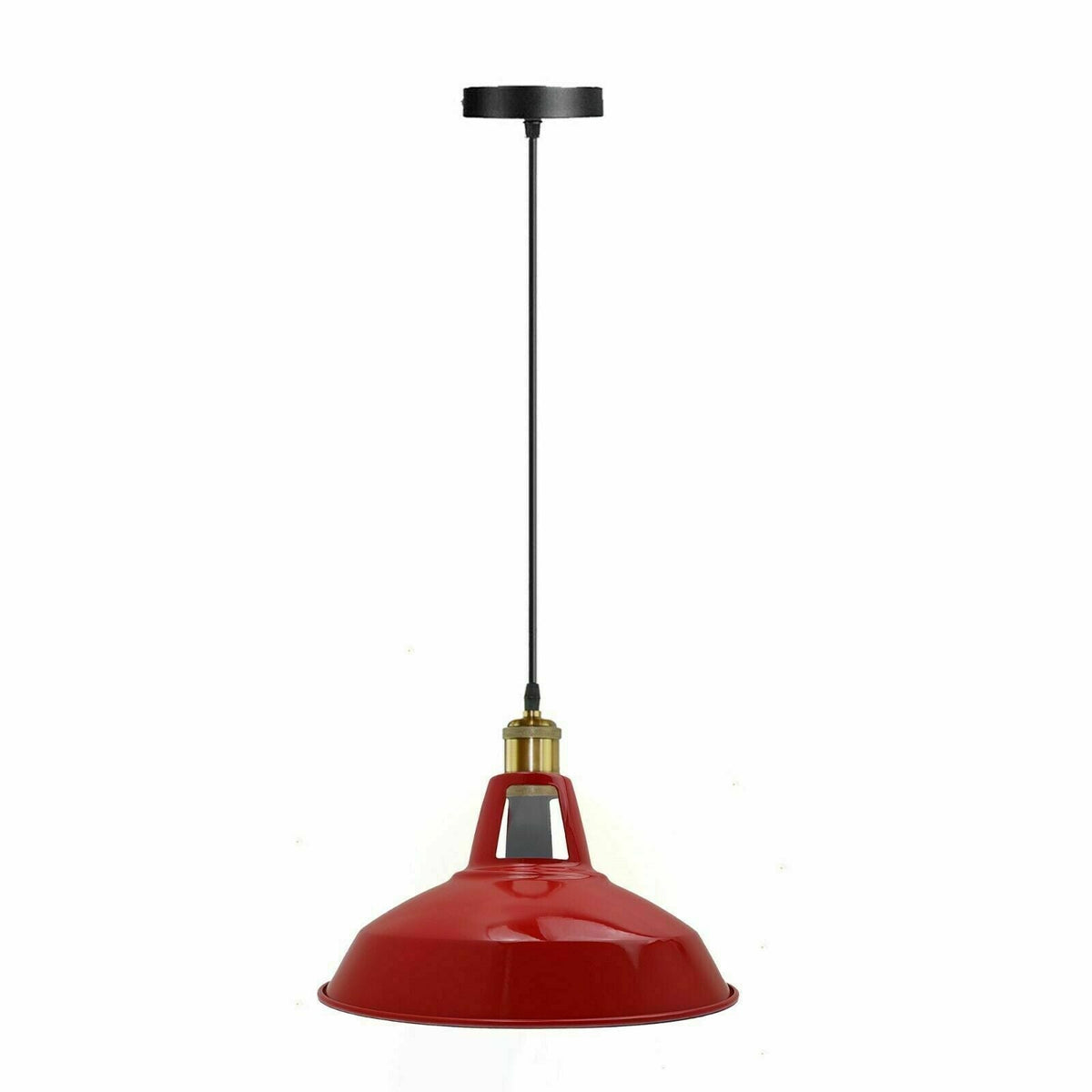 Industrial Pendant Light – Barn Slotted or Flat Cone Shade, E27 - Yellow Brass, Barn Slotted 30 cm Red, Without Bulb