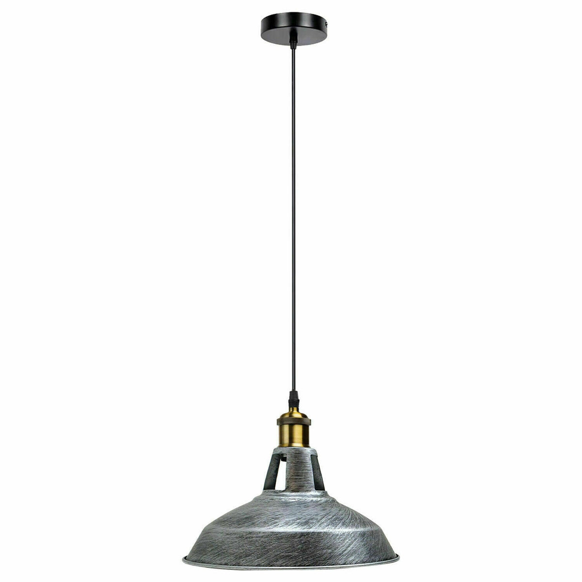 Industrial Pendant Light – Barn Slotted or Flat Cone Shade, E27 - Yellow Brass, Barn Slotted 30 cm Brushed Silver, Without Bulb