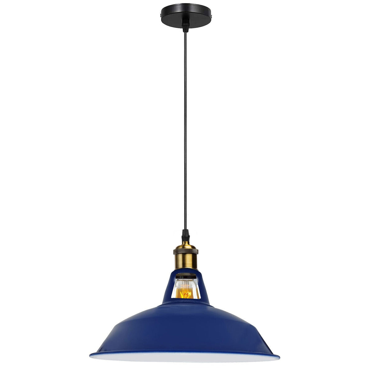 Industrial Pendant Light – Barn Slotted or Flat Cone Shade, E27 - Yellow Brass, Barn Slotted 30 cm Navy Blue, Without Bulb