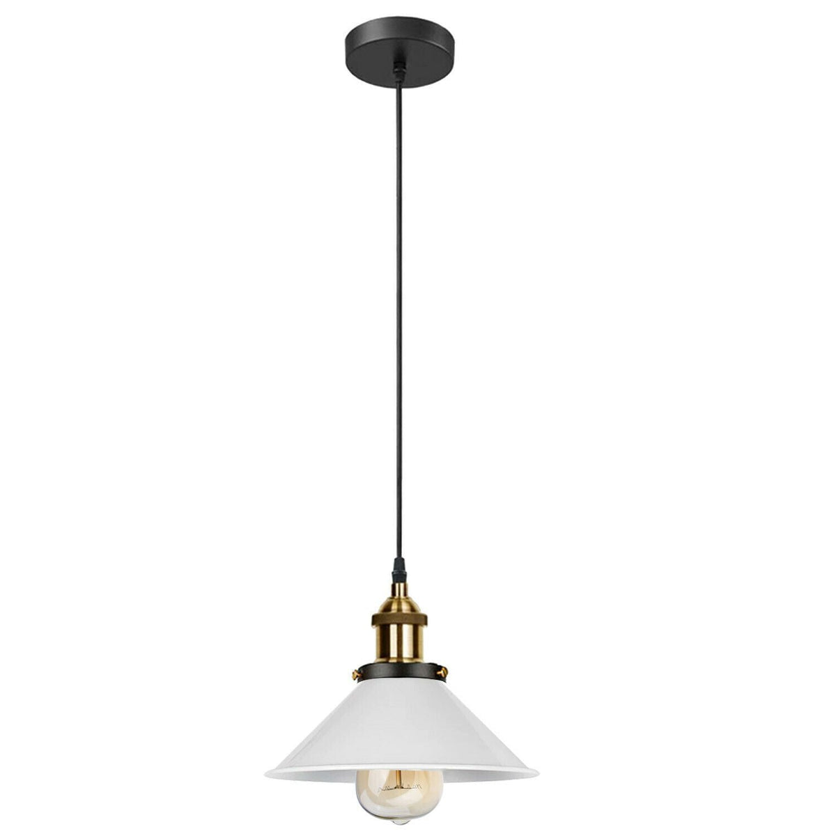 Industrial Pendant Light – Barn Slotted or Flat Cone Shade, E27 - Yellow Brass, Flat Cone 22 cm White Shade Ring, Without Bulb