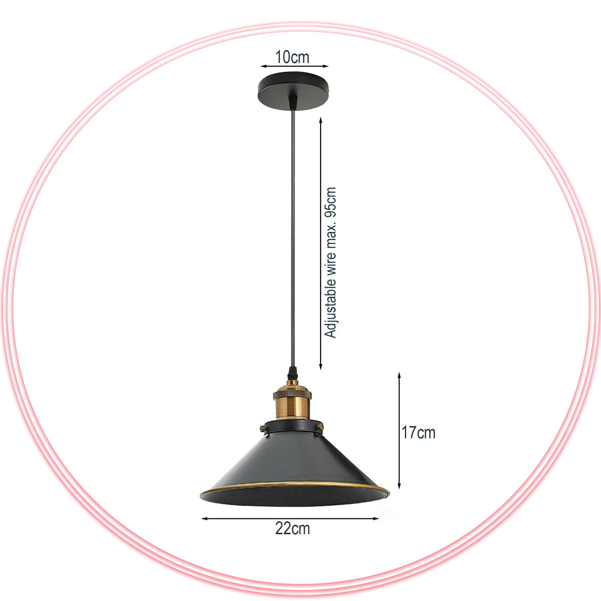 Industrial Pendant Light – Barn Slotted or Flat Cone Shade, E27 - Yellow Brass, Flat Cone 22 cm Black & Gold Line, Without Bulb