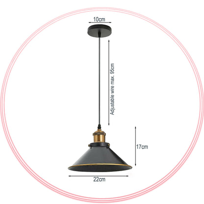 Industrial Pendant Light – Barn Slotted or Flat Cone Shade, E27 - Yellow Brass, Flat Cone 22 cm Black & Gold Line, Without Bulb