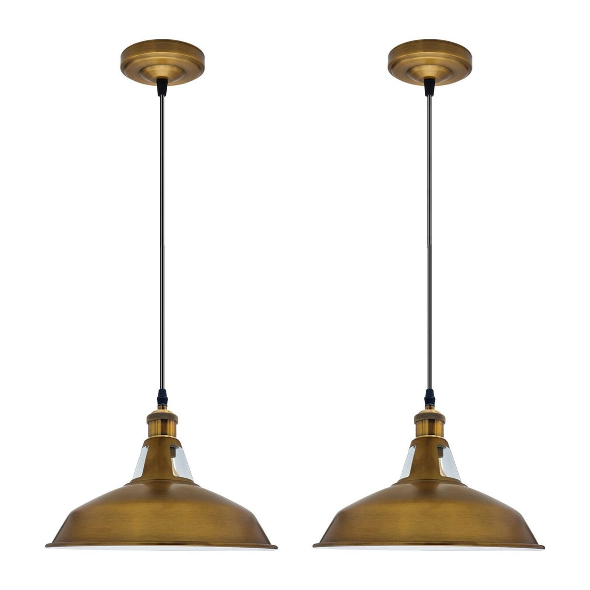 Industrial Pendant Light – Barn Slotted or Flat Cone Shade, E27 - Yellow Brass, Barn Slotted 30 cm Yellow Brass Pack of 2, Without Bulb