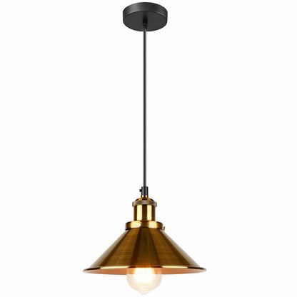 Industrial Pendant Light – Barn Slotted or Flat Cone Shade, E27 - Yellow Brass, Flat Cone 22 cm Yellow Brass Shade Ring, Without Bulb