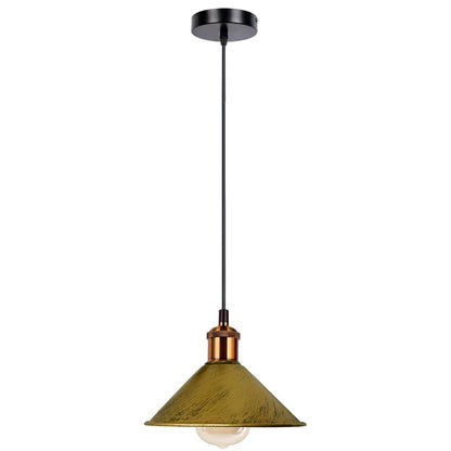 Industrial Pendant Light – Barn Slotted or Flat Cone Shade, E27 - Yellow Brass, Flat Cone 22 cm Brushed Brass, Without Bulb
