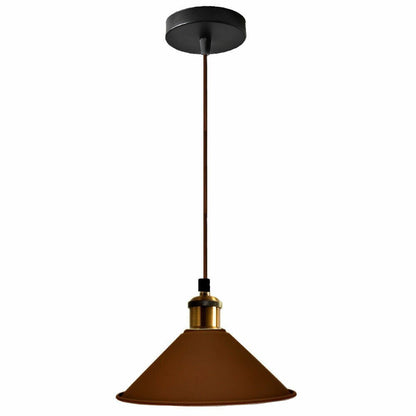 Industrial Pendant Light – Barn Slotted or Flat Cone Shade, E27 - Yellow Brass, Flat Cone 22 cm Brown, Without Bulb