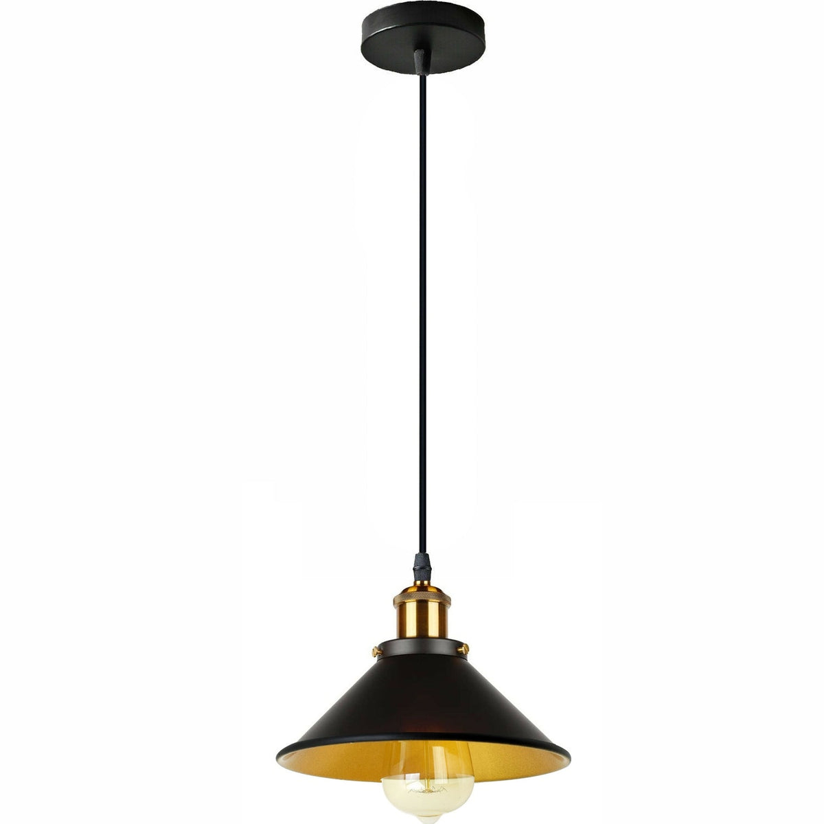Industrial Pendant Light – Barn Slotted or Flat Cone Shade, E27 - Yellow Brass, Flat Cone 22 cm Black & Gold, ST64 LED Bulb 4W