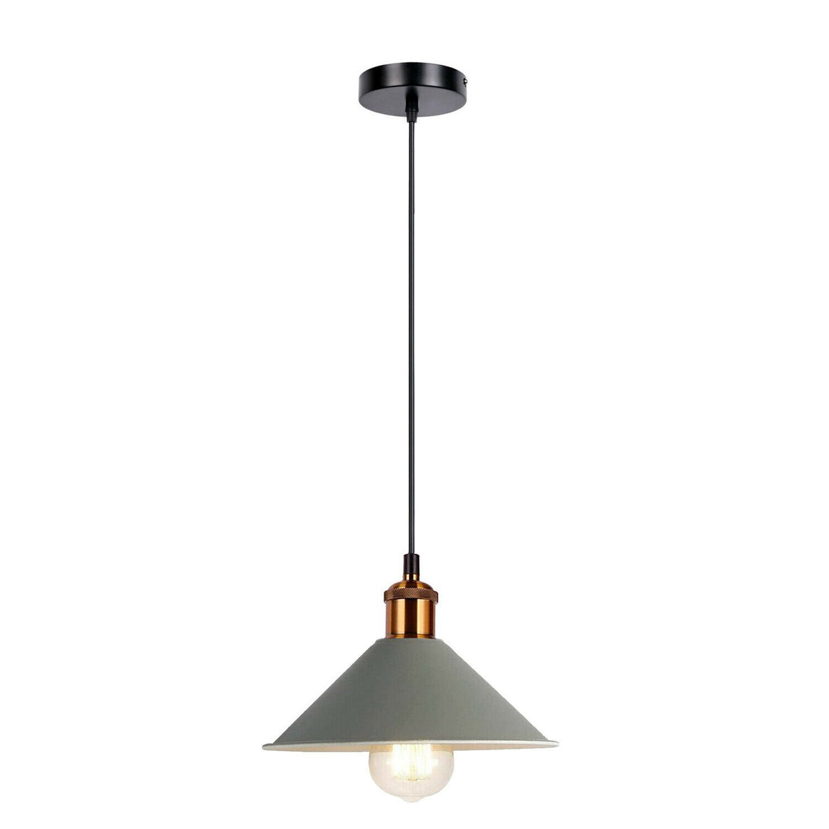 Industrial Pendant Light – Barn Slotted or Flat Cone Shade, E27 - Yellow Brass, Flat Cone 22 cm Grey, Without Bulb