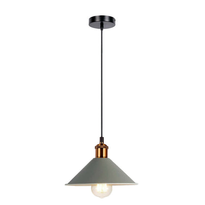 Industrial Pendant Light – Barn Slotted or Flat Cone Shade, E27 - Yellow Brass, Flat Cone 22 cm Grey, Without Bulb