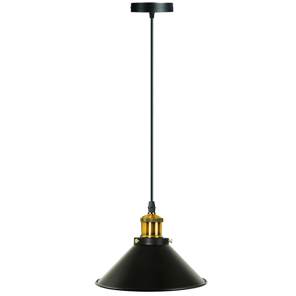 Industrial Pendant Light – Barn Slotted or Flat Cone Shade, E27 - Yellow Brass, Flat Cone 22 cm Black & Gold, Without Bulb