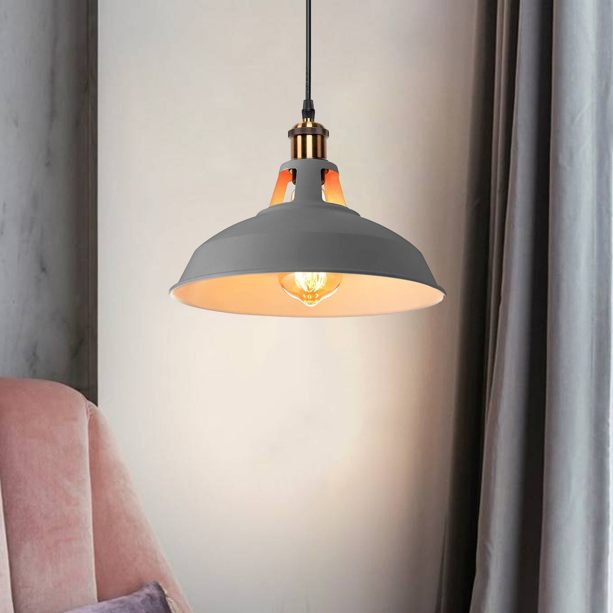 Industrial Pendant Light – Barn Slotted or Flat Cone Shade, E27 - Yellow Brass, Barn Slotted 30 cm Grey, Without Bulb