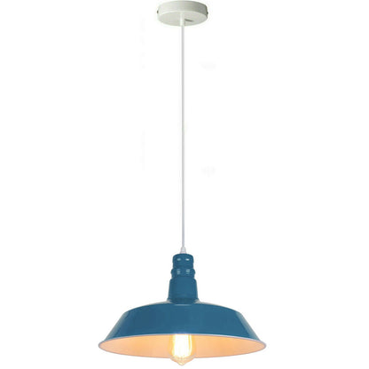 Industrial Pendant Light – Barn Slotted or Flat Cone Shade, E27 - Yellow Brass, Flat Cone 22 cm Blue, Without Bulb