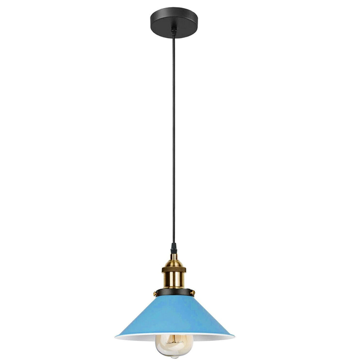 Industrial Pendant Light – Barn Slotted or Flat Cone Shade, E27 - Yellow Brass, Flat Cone 22 cm Blue Shade Ring, Without Bulb