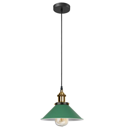 Industrial Pendant Light – Barn Slotted or Flat Cone Shade, E27 - Yellow Brass, Flat Cone 22 cm Green Shade Ring, Without Bulb