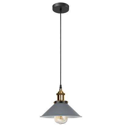 Industrial Pendant Light – Barn Slotted or Flat Cone Shade, E27 - Yellow Brass, Flat Cone 22 cm Grey Shade Ring, Without Bulb