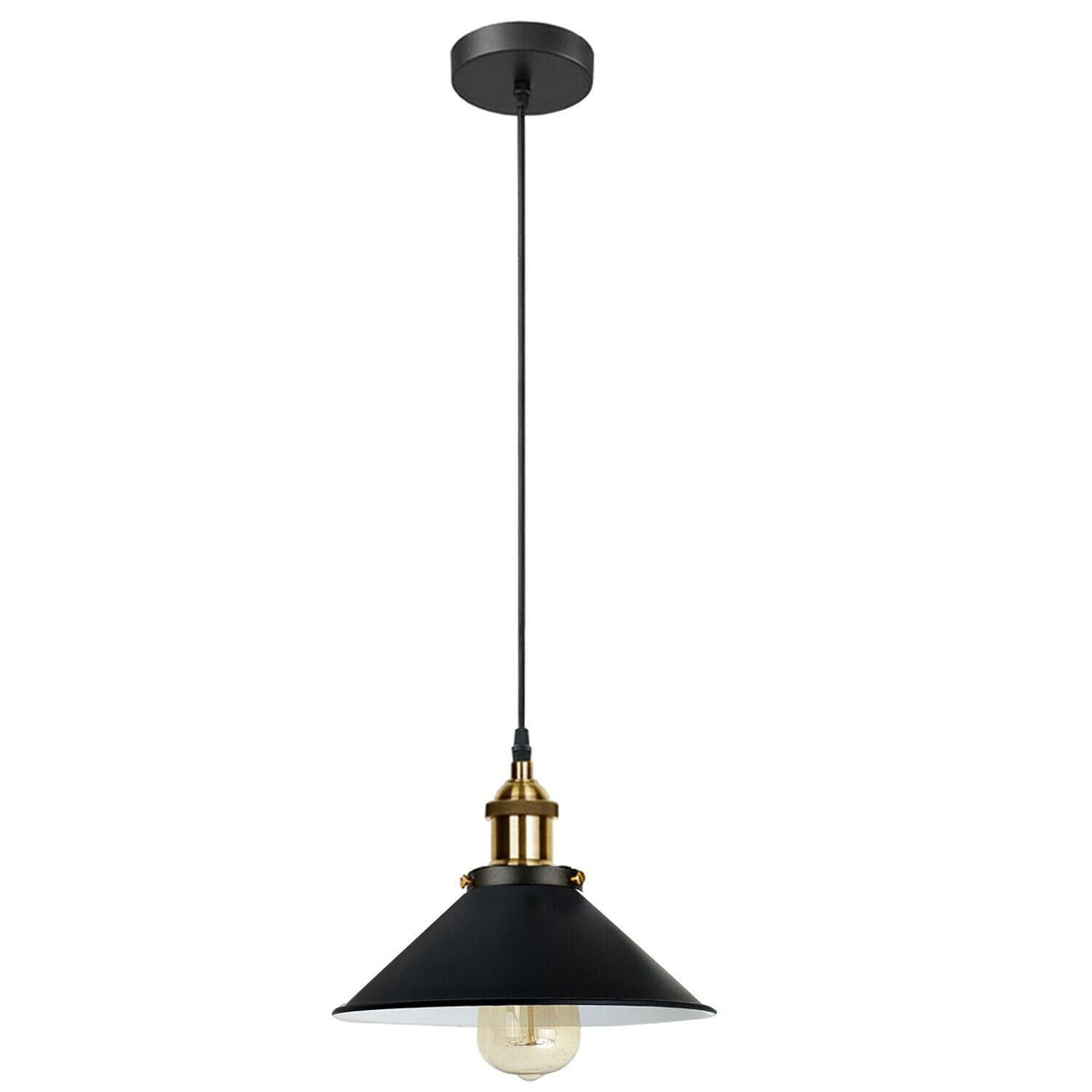 Industrial Pendant Light – Barn Slotted or Flat Cone Shade, E27 - Yellow Brass, Flat Cone 22 cm Black & White Inner Shade Ring, Without Bulb