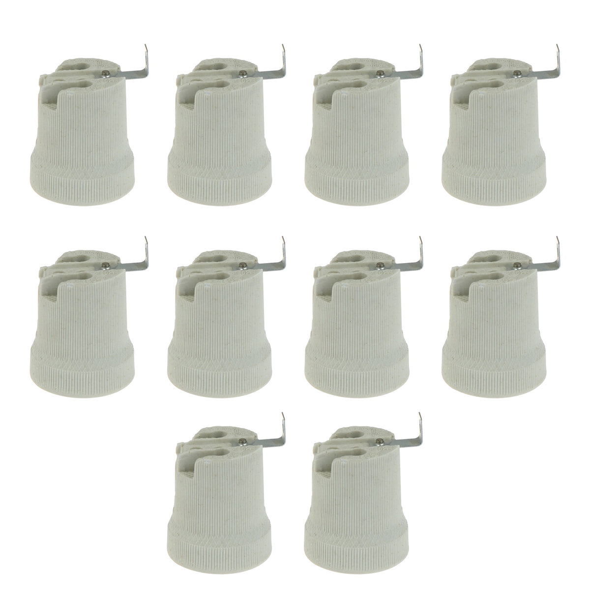 Ceramic E27 Lamp Holder with Side Bracket – 40.8 x 56 mm - Pack of 10, Standard, White