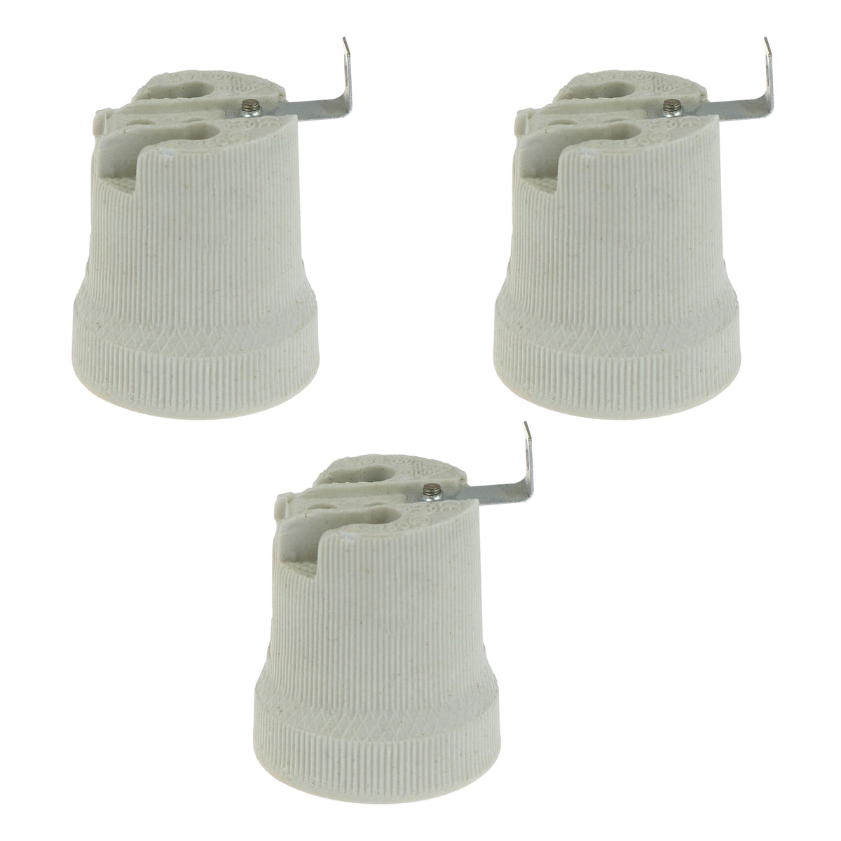 Ceramic E27 Lamp Holder with Side Bracket – 40.8 x 56 mm - Pack of 3, Standard, White
