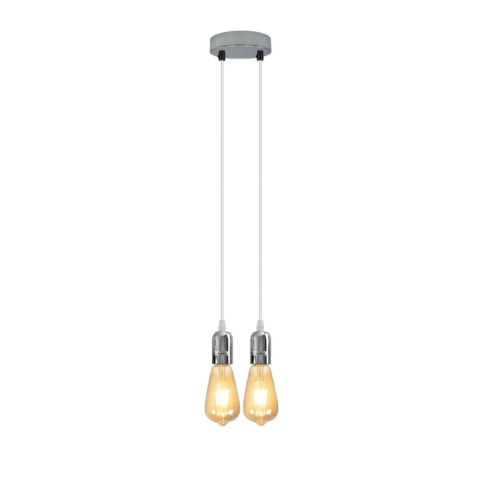2-Light Cluster Pendant – Chrome Holders, 12 cm Rose, E27 - Chrome, No Shade, 2 x ST64 Bulbs