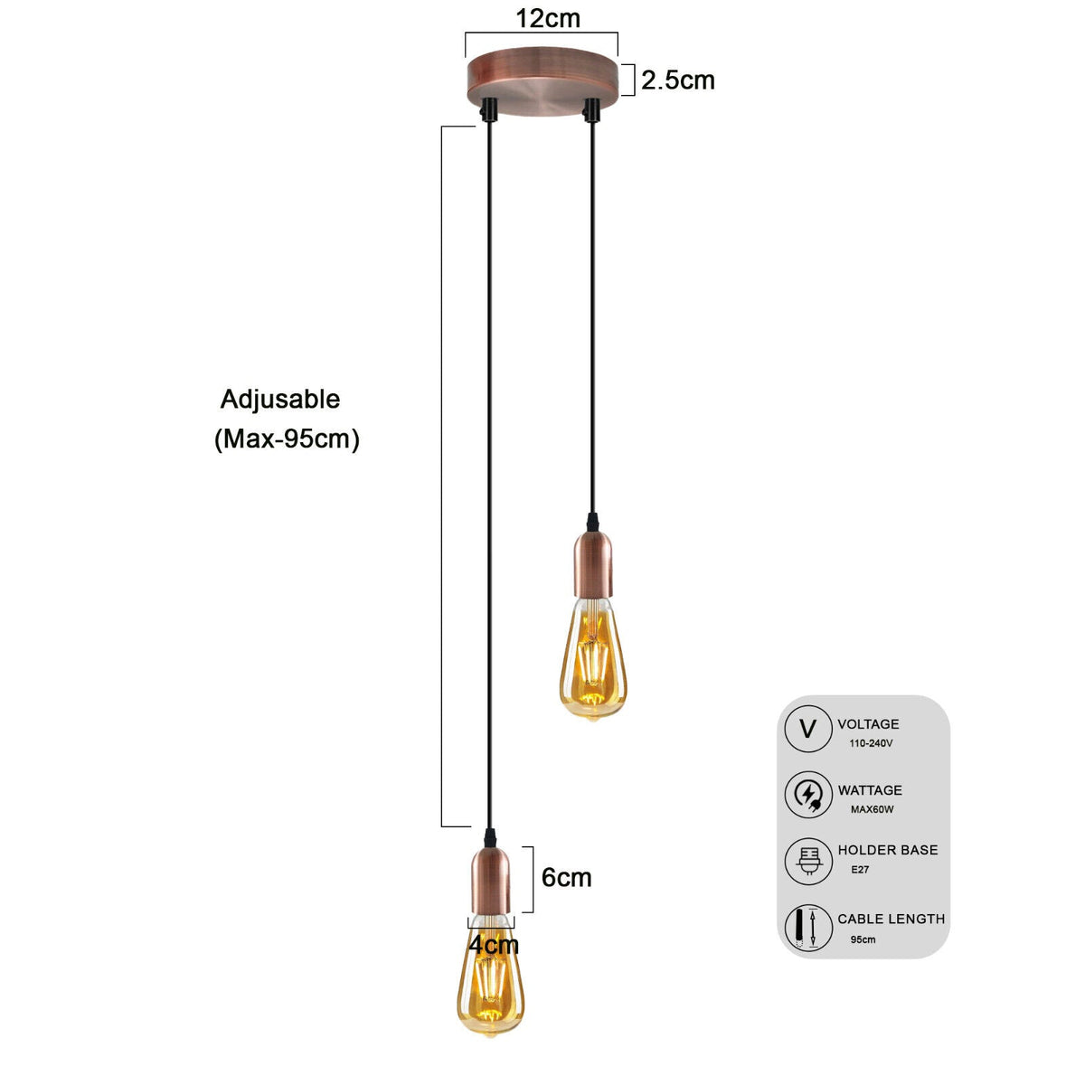 2-Light Pendant – 120 mm Rose, Adjustable Drops, E27 - Copper, No Shade, ST64 Bulb