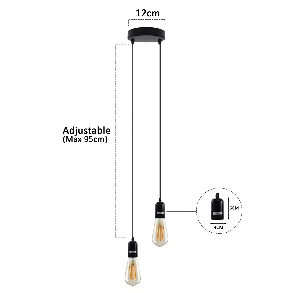 2-Light Pendant – 120 mm Rose, Adjustable Drops, E27 - Matt Black, No Shade, ST64 Bulb