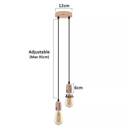 2-Light Pendant – 120 mm Rose, Adjustable Drops, E27 - Rose Gold, No Shade, ST64 Bulb