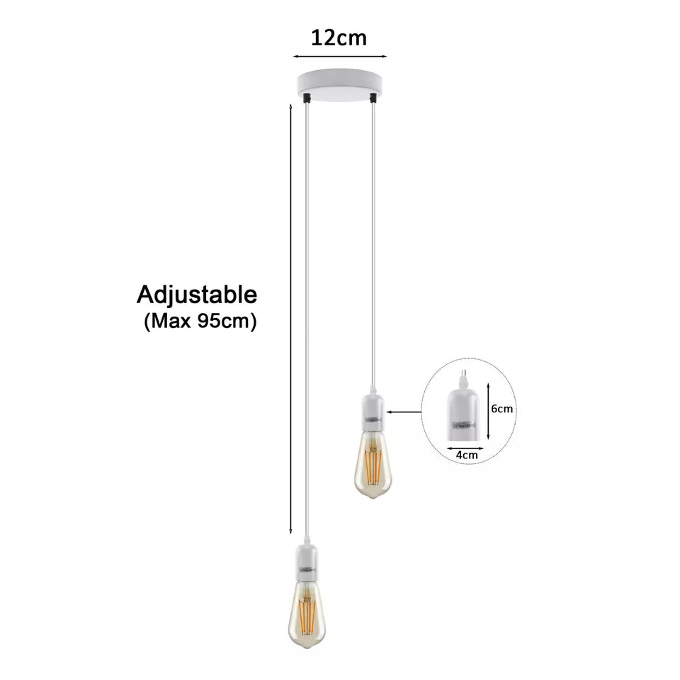 2 Light Cluster Pendant – White, 12 cm Rose, E27, Staggered - White, No Shade, ST64 Bulb