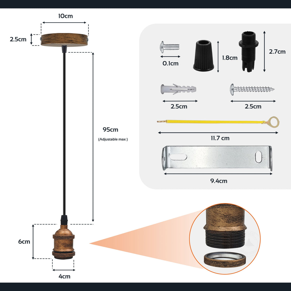 Pendant Lamp Holder Set – 95 cm Cable, E27, 5 Finishes - photo 2