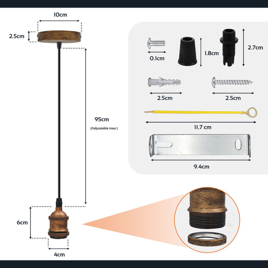 Pendant Lamp Holder Set – 95 cm Cable, E27, 5 Finishes - photo 2