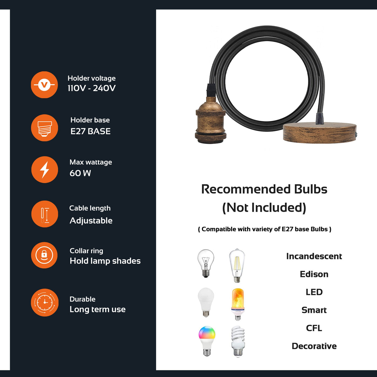 Pendant Lamp Holder Set – 95 cm Cable, E27, 5 Finishes - photo 3