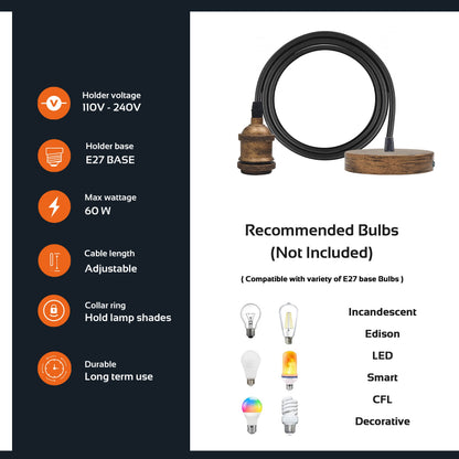 Pendant Lamp Holder Set – 95 cm Cable, E27, 5 Finishes - photo 3