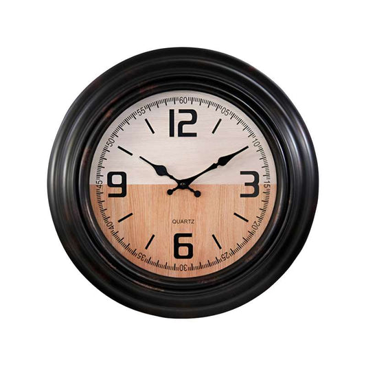 Retro Round Wall Clock – 35 cm, Black Frame, Two-Tone Wood-Effect Dial
