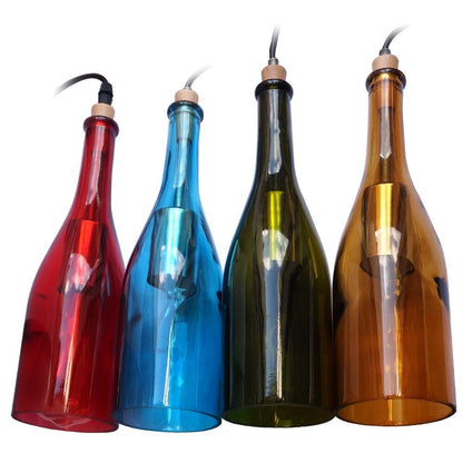 3-Light Pendant – Wine Bottle, Crystal or Wire Cage Shades, E27 - Standard, Wine Bottle Green, Round Plate, Without Bulb