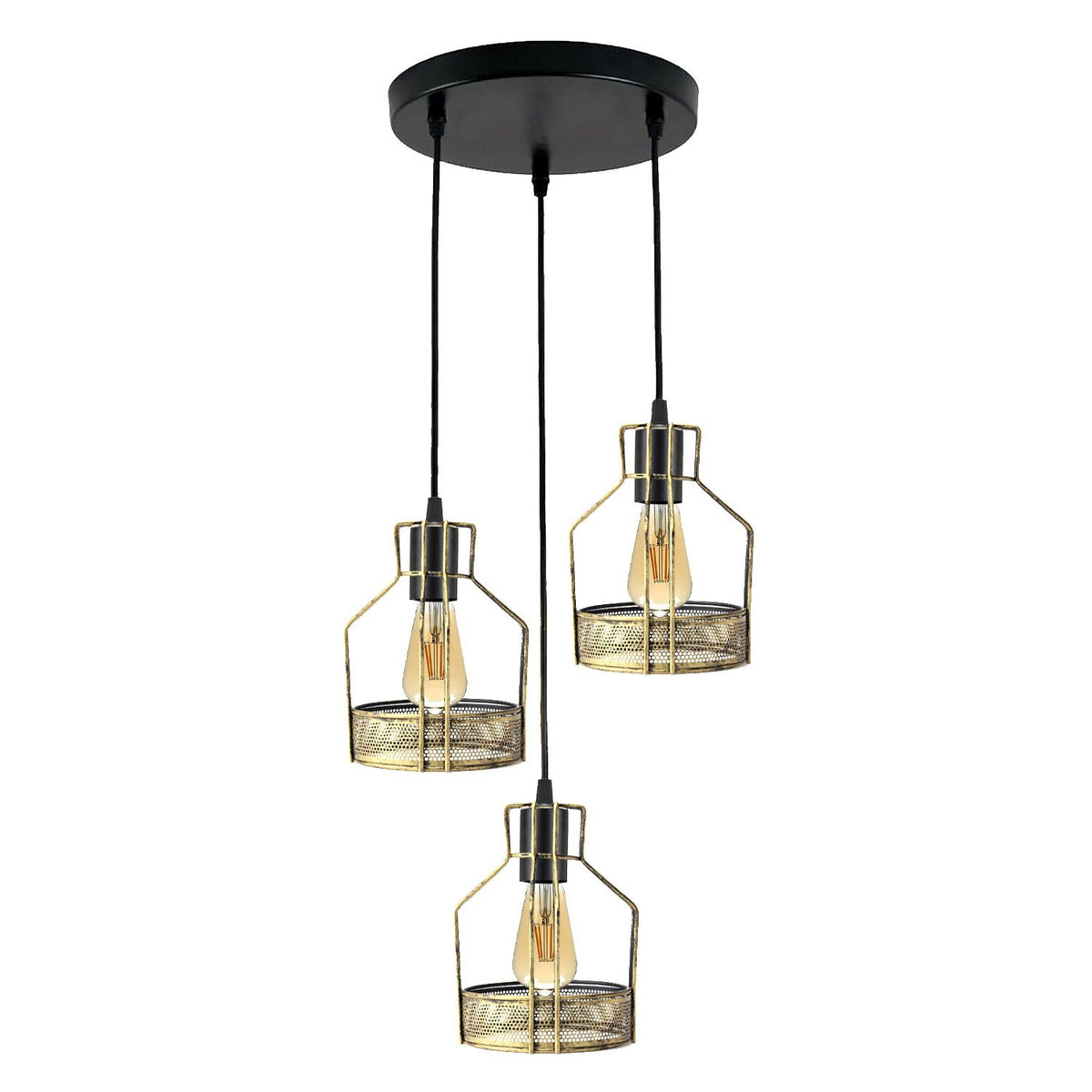 3-Light Pendant – Wine Bottle, Crystal or Wire Cage Shades, E27 - Standard, Bird Cage Brushed Copper, Round Plate, Without Bulb