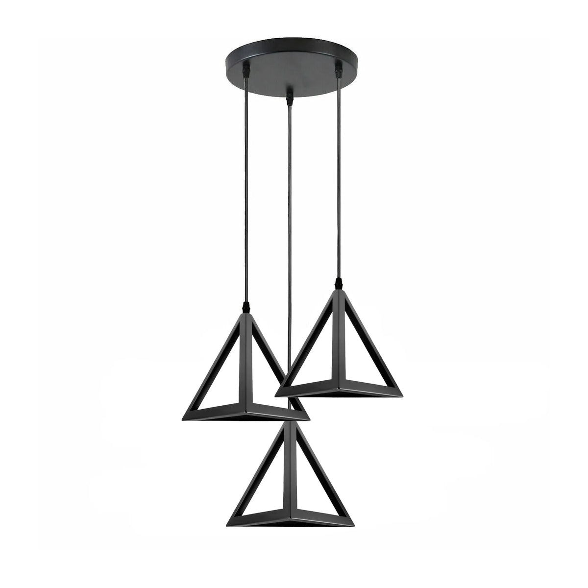 3-Light Pendant – Wine Bottle, Crystal or Wire Cage Shades, E27 - Standard, Triangle Cage Black, Round Plate, Without Bulb