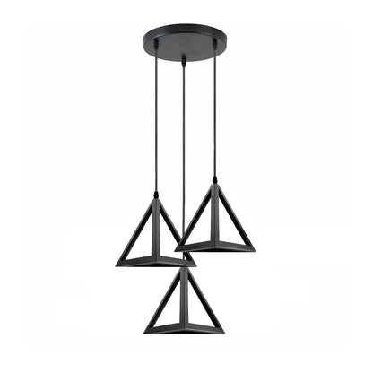 3-Light Pendant – Wine Bottle, Crystal or Wire Cage Shades, E27 - Standard, Triangle Cage Black, Round Plate, Without Bulb