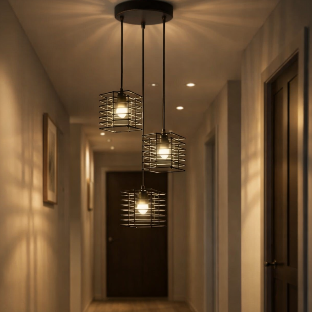3-Light Pendant – Wine Bottle, Crystal or Wire Cage Shades, E27 - Standard, Spiral Cage Black, Round Plate, ST64 Bulb