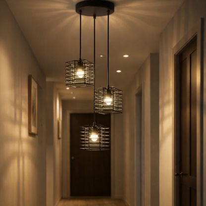 3-Light Pendant – Wine Bottle, Crystal or Wire Cage Shades, E27 - Standard, Spiral Cage Black, Round Plate, ST64 Bulb