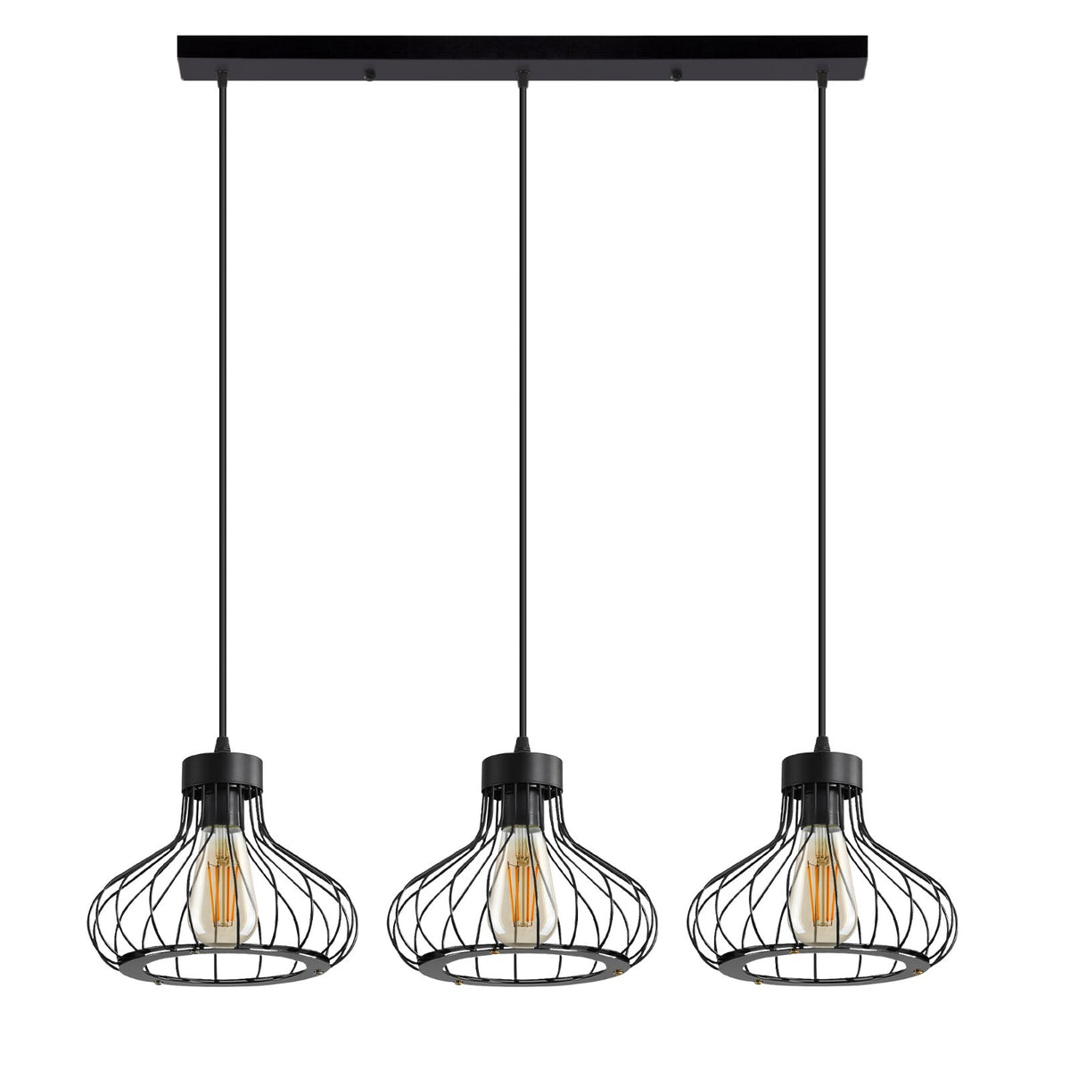 3-Light Pendant – Wine Bottle, Crystal or Wire Cage Shades, E27 - Standard, Pear Cage Black, Bar, Without Bulb