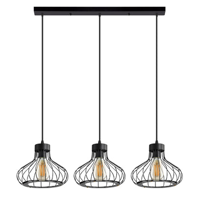 3-Light Pendant – Wine Bottle, Crystal or Wire Cage Shades, E27 - Standard, Pear Cage Black, Bar, Without Bulb