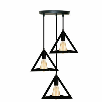 3-Light Pendant – Wine Bottle, Crystal or Wire Cage Shades, E27 - Standard, Triangle Cage Black, Round Plate, ST64 LED Bulb 4W