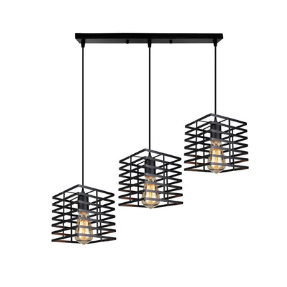 3-Light Pendant – Wine Bottle, Crystal or Wire Cage Shades, E27 - Standard, Spiral Cage Black, Bar, Without Bulb