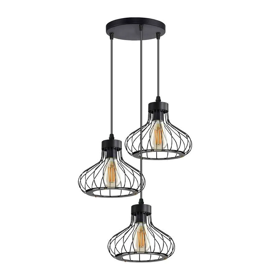 3-Light Pendant – Wine Bottle, Crystal or Wire Cage Shades, E27 - Standard, Pear Cage Black, Round Plate, Without Bulb