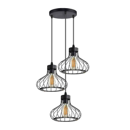 3-Light Pendant – Wine Bottle, Crystal or Wire Cage Shades, E27 - Standard, Pear Cage Black, Round Plate, Without Bulb
