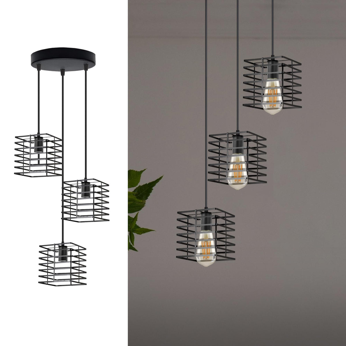 3-Light Pendant – Wine Bottle, Crystal or Wire Cage Shades, E27 - Standard, Spiral Cage Black, Round Plate, Without Bulb