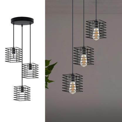 3-Light Pendant – Wine Bottle, Crystal or Wire Cage Shades, E27 - Standard, Spiral Cage Black, Round Plate, Without Bulb