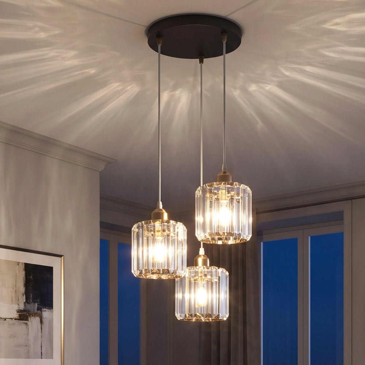 3-Light Pendant – Wine Bottle, Crystal or Wire Cage Shades, E27 - Standard, Crystal Cage Gold, Round Plate, Without Bulb