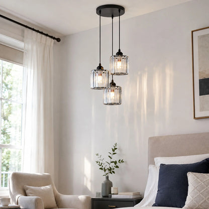 3-Light Pendant – Wine Bottle, Crystal or Wire Cage Shades, E27 - Standard, Crystal Cage Black, Round Plate, Without Bulb