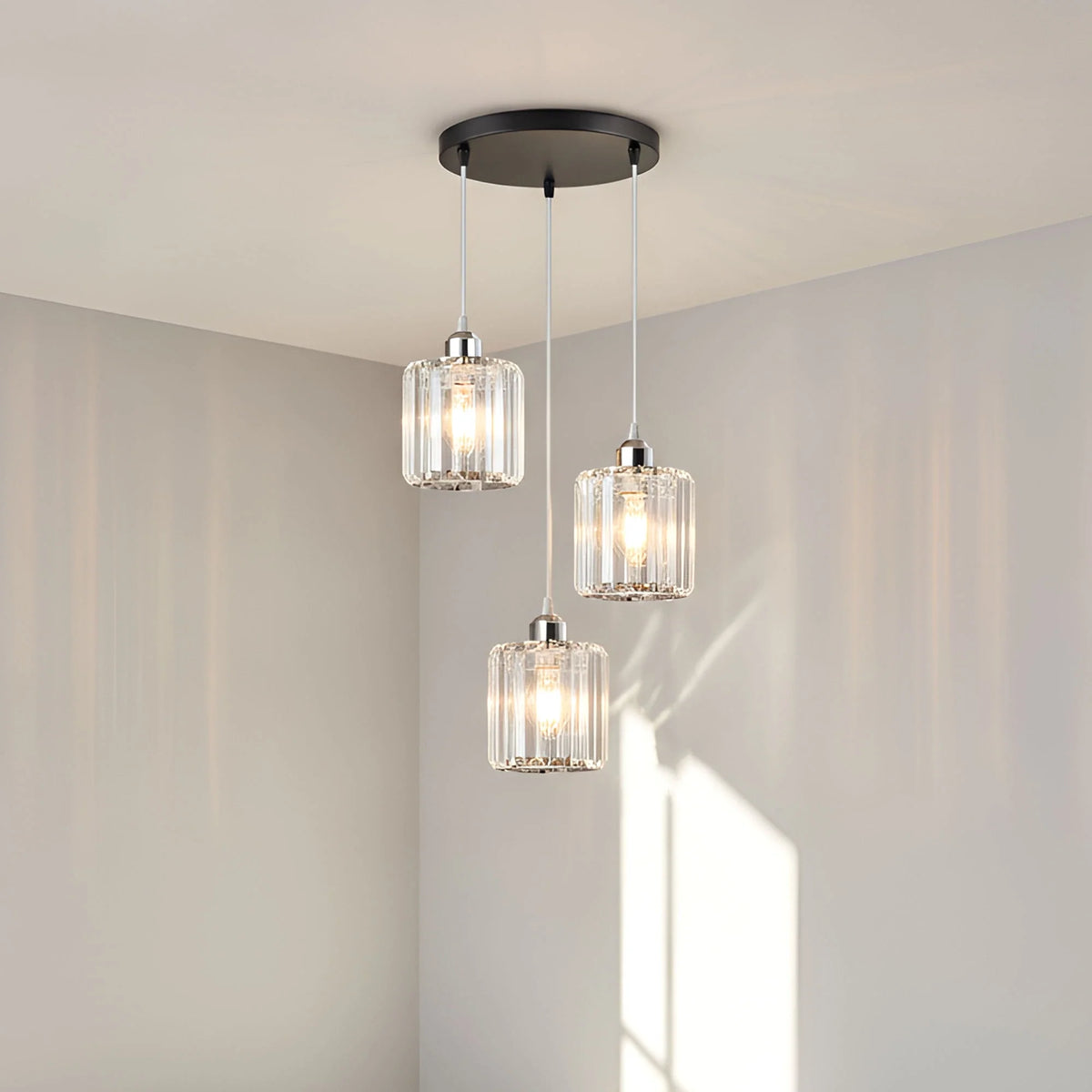 3-Light Pendant – Wine Bottle, Crystal or Wire Cage Shades, E27 - Standard, Crystal Cage Chrome, Round Plate, Without Bulb